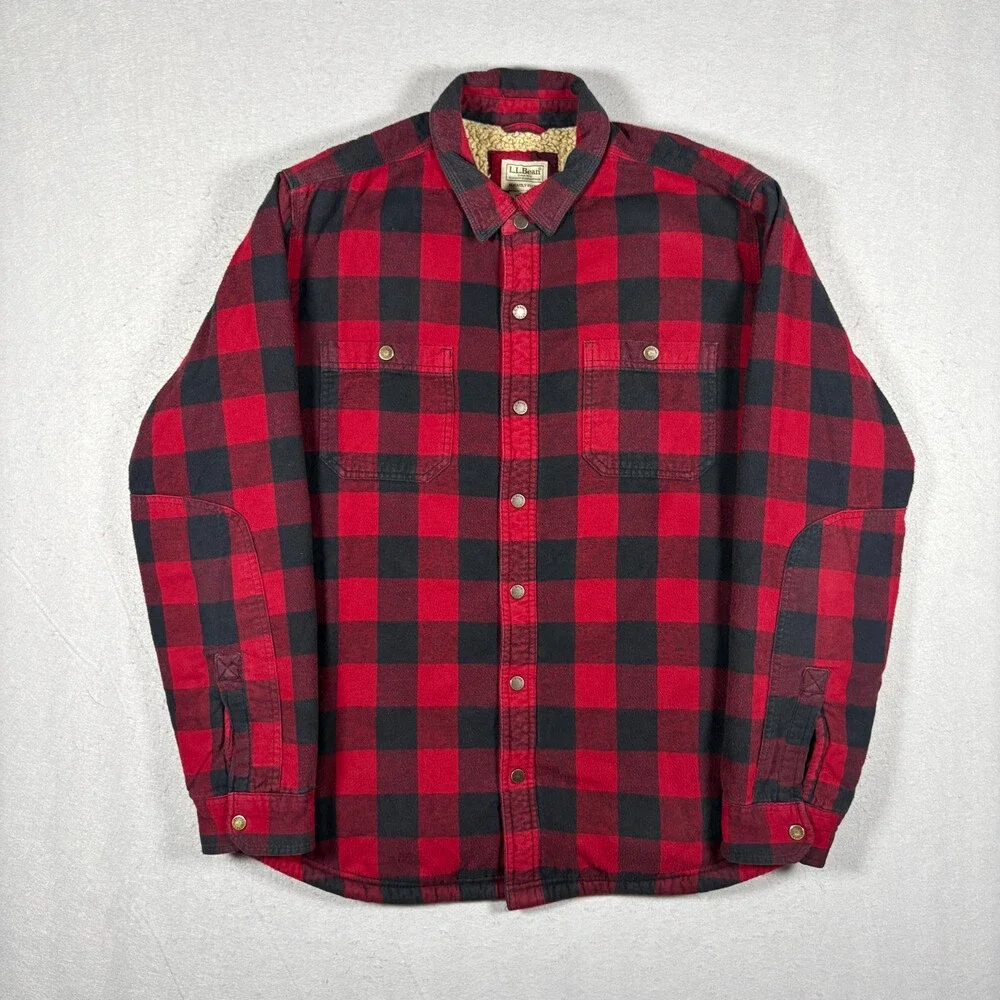 LL Bean Sherpa Lined Scotch Plaid Flannel Shirt Jacket Mens XL Red Buffalo Snap